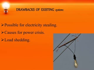 DRAWBACKS OF EXISTING system:
Possible for electricity stealing.
Causes for power crisis.
Load shedding.
 