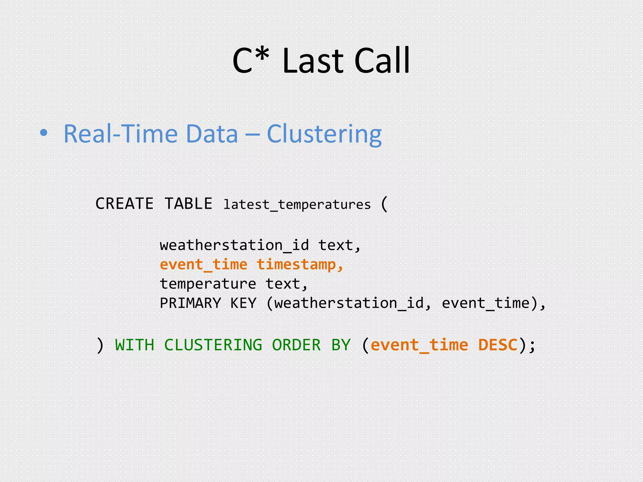 C* Last Call
• Real-Time Data – Clustering
CREATE TABLE latest_temperatures (
weatherstation_id text,
event_time timestamp,
temperature text,
PRIMARY KEY (weatherstation_id, event_time),
) WITH CLUSTERING ORDER BY (event_time DESC);
 