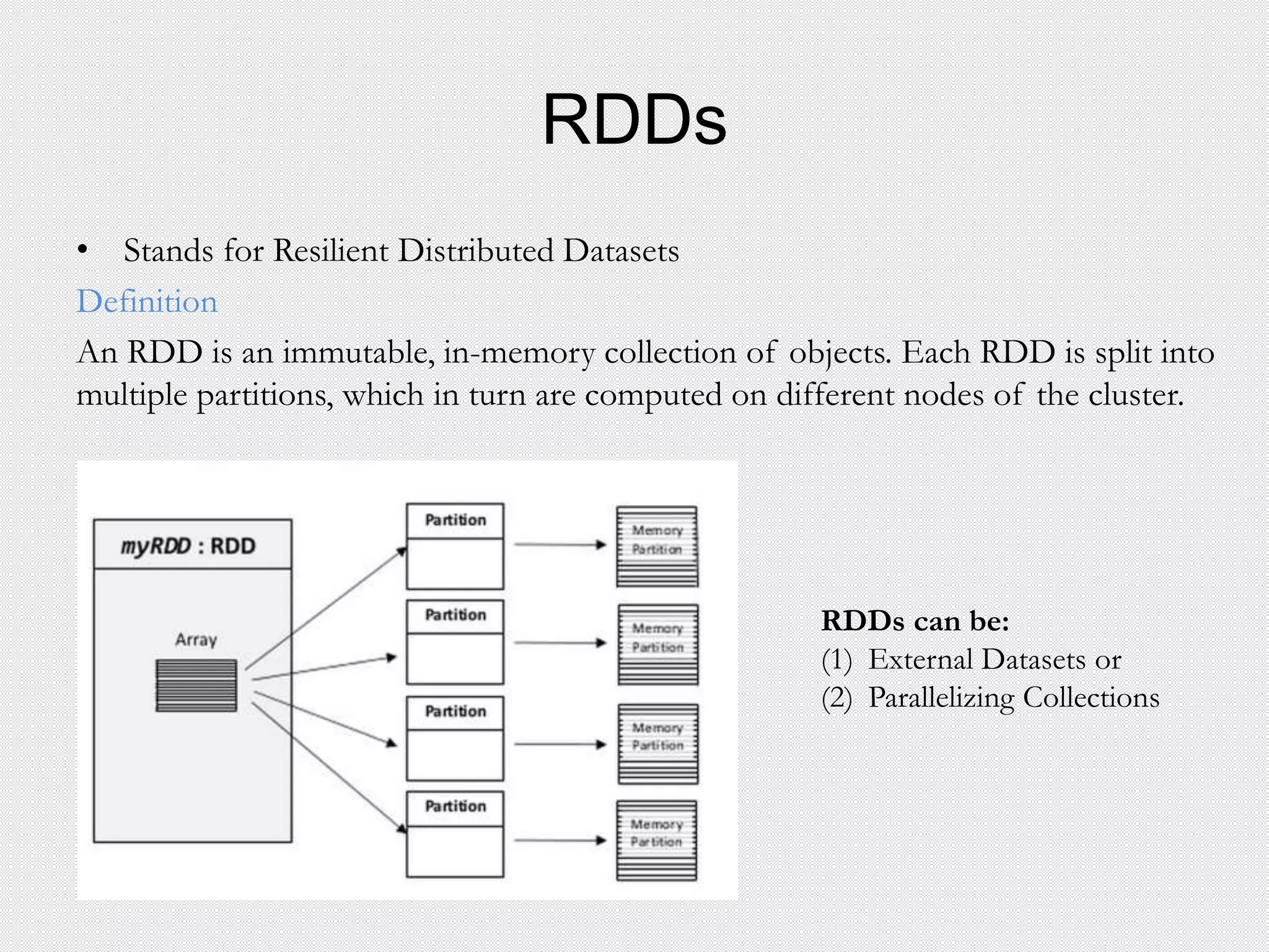 RDDs
• Stands for Resilient Distributed Datasets
Definition
An RDD is an immutable, in-memory collection of objects. Each RDD is split into
multiple partitions, which in turn are computed on different nodes of the cluster.
RDDs can be:
(1) External Datasets or
(2) Parallelizing Collections
 