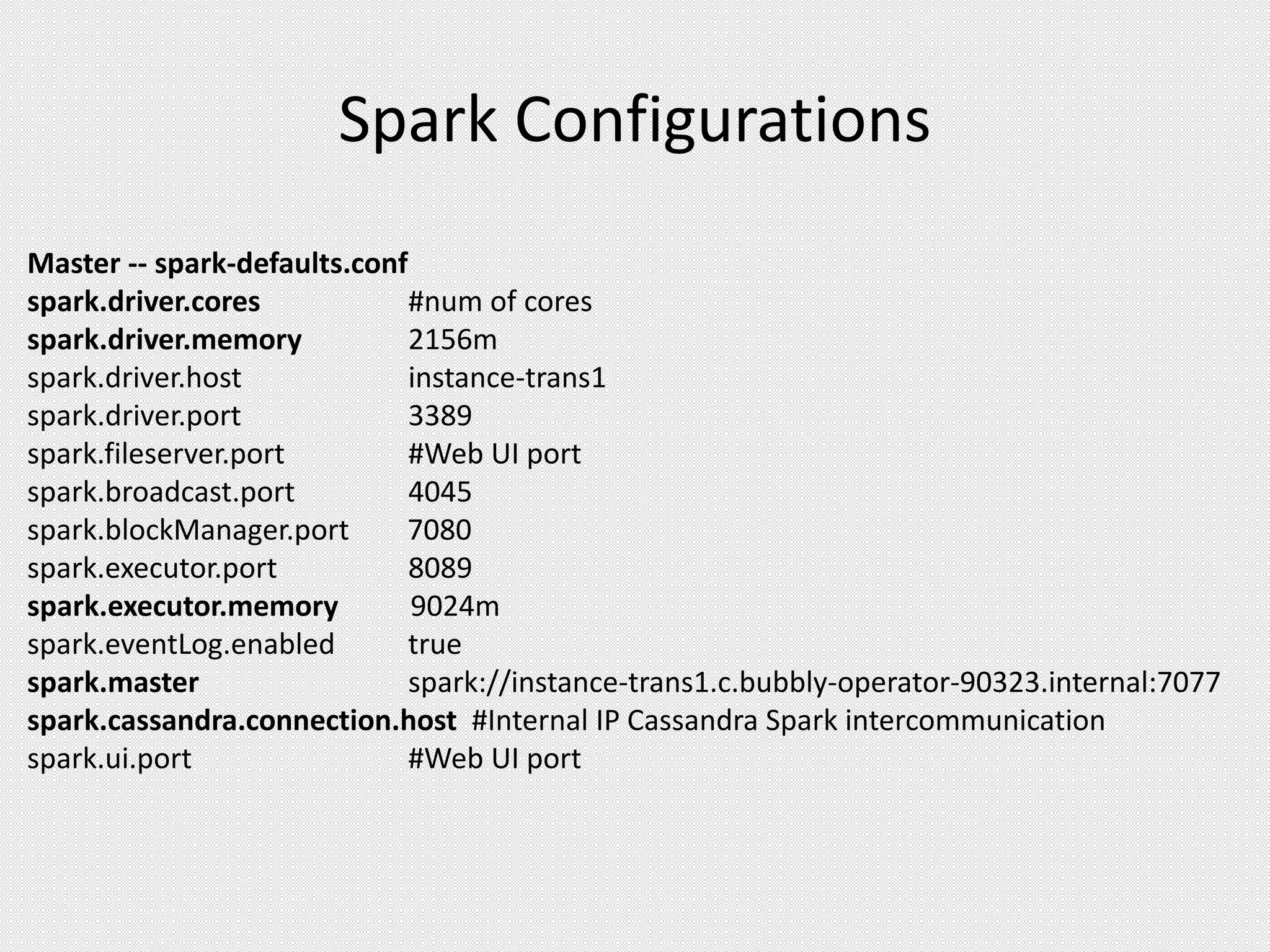 Spark Configurations
Master -- spark-defaults.conf
spark.driver.cores #num of cores
spark.driver.memory 2156m
spark.driver.host instance-trans1
spark.driver.port 3389
spark.fileserver.port #Web UI port
spark.broadcast.port 4045
spark.blockManager.port 7080
spark.executor.port 8089
spark.executor.memory 9024m
spark.eventLog.enabled true
spark.master spark://instance-trans1.c.bubbly-operator-90323.internal:7077
spark.cassandra.connection.host #Internal IP Cassandra Spark intercommunication
spark.ui.port #Web UI port
 