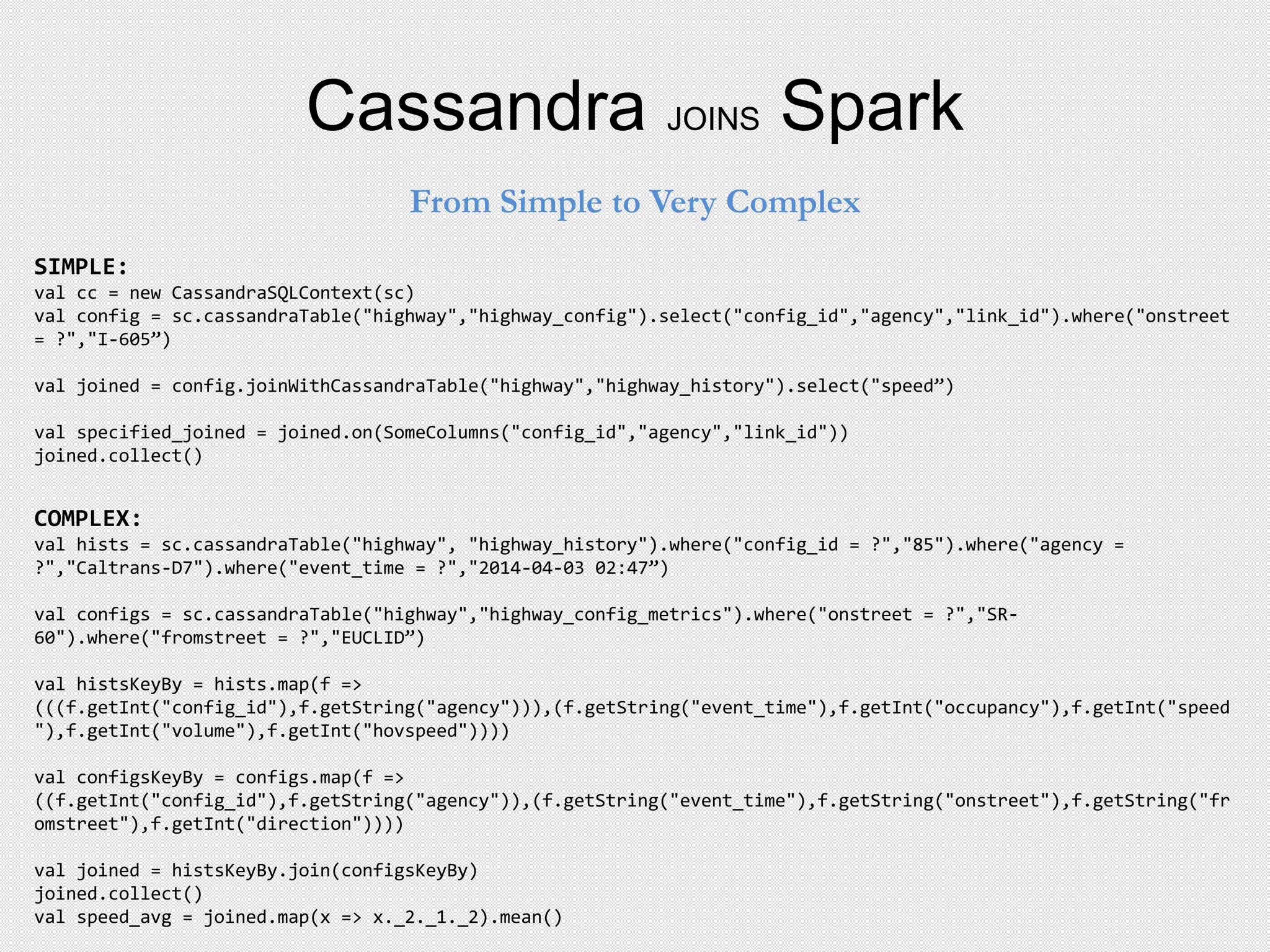 Cassandra JOINS Spark
From Simple to Very Complex
SIMPLE:
val cc = new CassandraSQLContext(sc)
val config = sc.cassandraTable("highway","highway_config").select("config_id","agency","link_id").where("onstreet
= ?","I-605”)
val joined = config.joinWithCassandraTable("highway","highway_history").select("speed”)
val specified_joined = joined.on(SomeColumns("config_id","agency","link_id"))
joined.collect()
COMPLEX:
val hists = sc.cassandraTable("highway", "highway_history").where("config_id = ?","85").where("agency =
?","Caltrans-D7").where("event_time = ?","2014-04-03 02:47”)
val configs = sc.cassandraTable("highway","highway_config_metrics").where("onstreet = ?","SR-
60").where("fromstreet = ?","EUCLID”)
val histsKeyBy = hists.map(f =>
(((f.getInt("config_id"),f.getString("agency"))),(f.getString("event_time"),f.getInt("occupancy"),f.getInt("speed
"),f.getInt("volume"),f.getInt("hovspeed"))))
val configsKeyBy = configs.map(f =>
((f.getInt("config_id"),f.getString("agency")),(f.getString("event_time"),f.getString("onstreet"),f.getString("fr
omstreet"),f.getInt("direction"))))
val joined = histsKeyBy.join(configsKeyBy)
joined.collect()
val speed_avg = joined.map(x => x._2._1._2).mean()
 