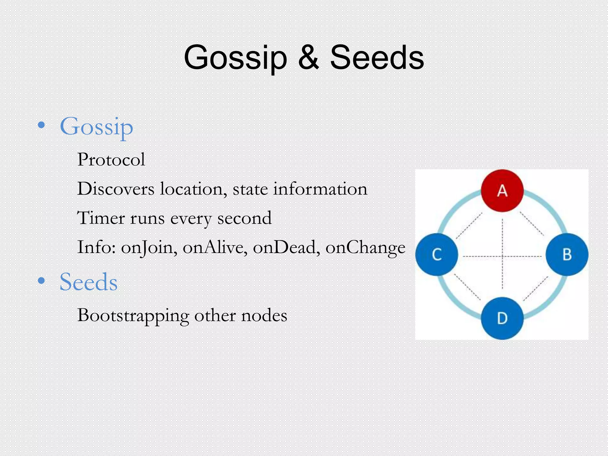Gossip & Seeds
• Gossip
Protocol
Discovers location, state information
Timer runs every second
Info: onJoin, onAlive, onDead, onChange
• Seeds
Bootstrapping other nodes
 