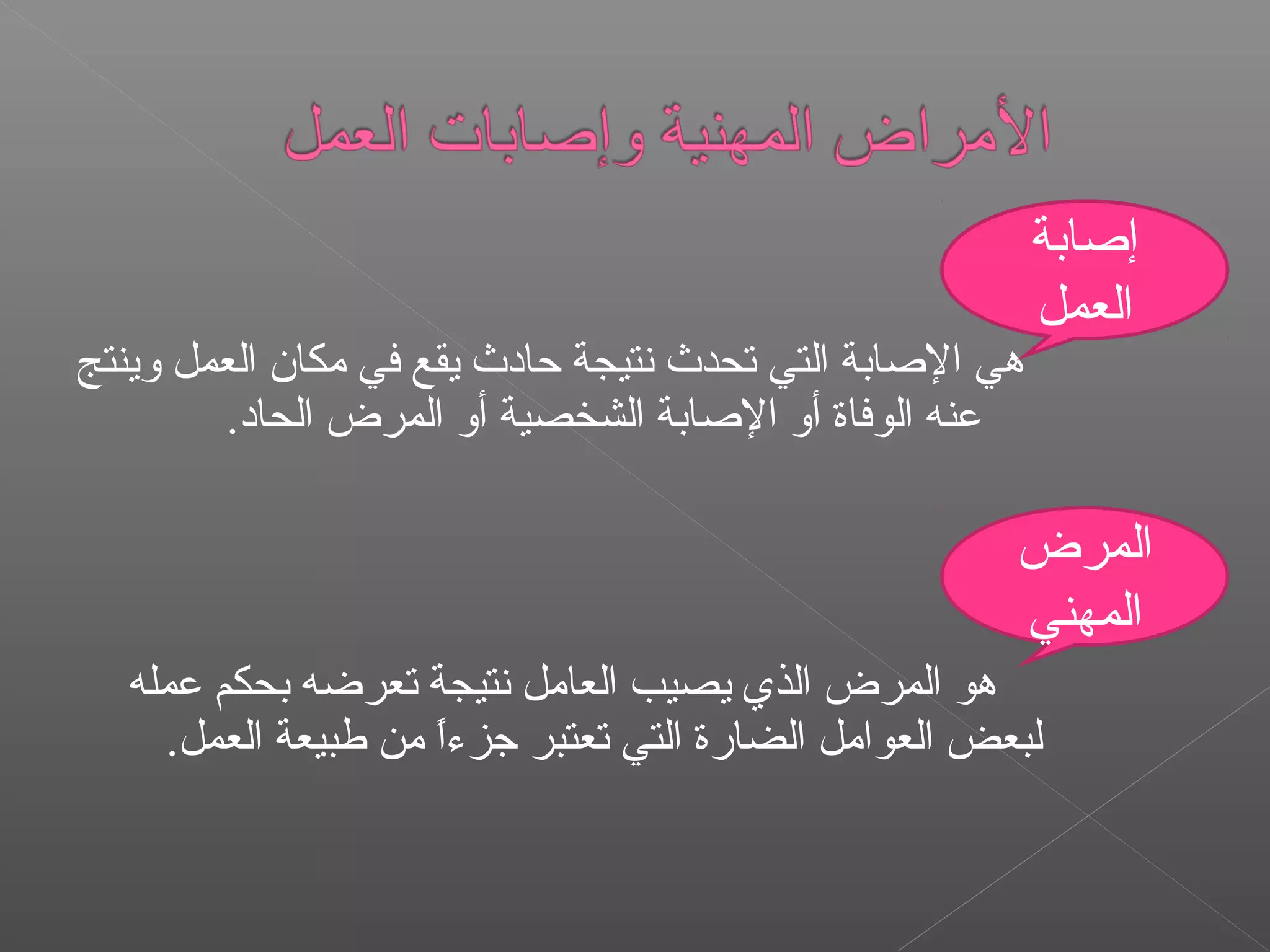 ‫وينتج‬ ‫العمل‬ ‫مكان‬ ‫في‬ ‫يقع‬ ‫حادث‬ ‫نتيجة‬ ‫تحدث‬ ‫التي‬ ‫الاصابة‬ ‫هي‬
.‫الحاد‬ ‫المرض‬ ‫أو‬ ‫الشخصية‬ ‫الاصابة‬ ‫أو‬ ‫الوفاة‬ ‫عنه‬
‫عمله‬ ‫بحكم‬ ‫تعرضه‬ ‫نتيجة‬ ‫العامل‬ ‫يصيب‬ ‫الذي‬ ‫المرض‬ ‫هو‬
.‫العمل‬ ‫طبيعة‬ ‫من‬ ‫ا‬ً ‫رجزء‬ ‫تعتبر‬ ‫التي‬ ‫الضارة‬ ‫العوامل‬ ‫لبعض‬
‫إاصابة‬
‫العمل‬
‫المرض‬
‫المهني‬
 