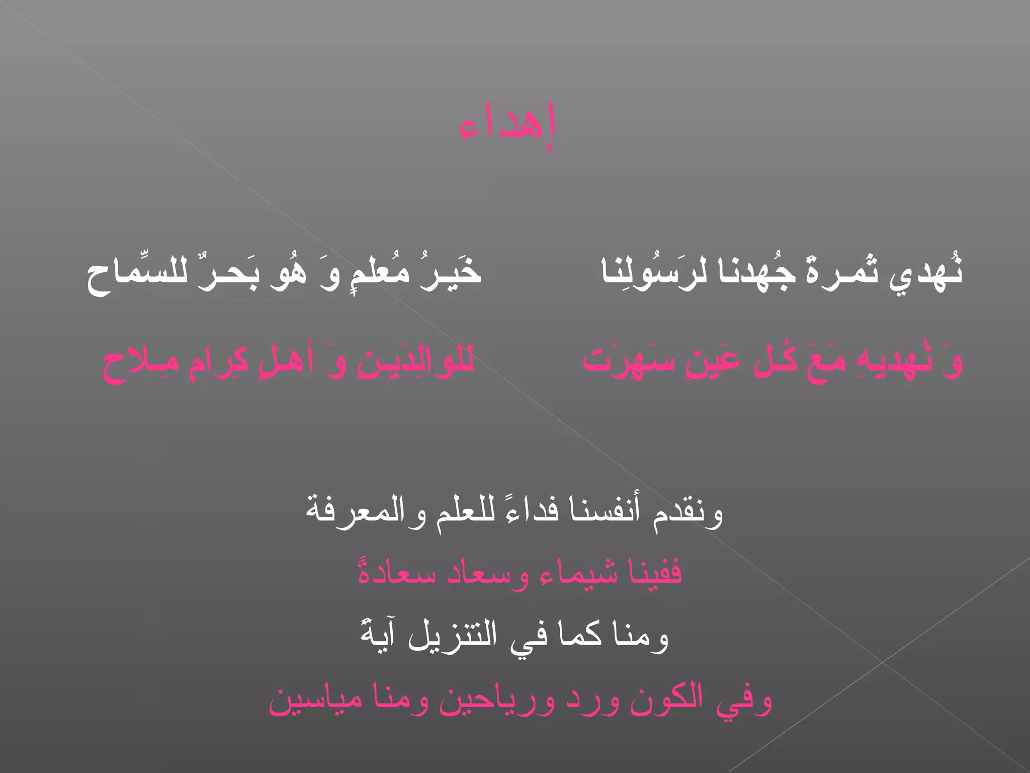 ‫لانا‬ِ‫ن‬‫سلو‬ُ‫لو‬ ‫ر‬َ‫س‬ ‫ل‬ ‫جدهدنا‬ُ‫لو‬ ‫ة‬َ‫س‬‫ثـمـر‬َ‫س‬ ‫ندهدي‬ُ‫لو‬‫سـماح‬ّ‫م‬ ‫لل‬ ‫ر‬ٌ  ‫بـحـ‬َ‫س‬ ‫هلو‬ُ‫لو‬ ‫و‬َ‫س‬ ‫م‬ٍ  ‫ملعل‬ُ‫لو‬ ‫ر‬ُ‫لو‬ ‫خـيـ‬َ‫س‬
‫ر ت‬َ‫س‬ ‫ده‬ِ‫ن‬ ‫س‬َ‫س‬ ‫ن‬ٍ  ‫عـي‬َ‫س‬ ‫ل‬ِ‫ن‬ ‫كـ‬ُ‫لو‬ ‫ع‬َ‫س‬ ‫م‬َ‫س‬ ‫ه‬ِ‫ن‬ ‫ندهدي‬ُ‫لو‬ ‫و‬َ‫س‬‫ح‬ِ‫ن‬ ‫مـل‬ِ‫ن‬ ‫م‬ٍ  ‫كرا‬ِ‫ن‬ ‫ل‬ٍ  ‫أهـ‬ ‫و‬َ‫س‬ ‫ن‬ِ‫ن‬ ‫ديـ‬َ‫س‬‫ل‬ِ‫ن‬‫لللوا‬
‫والمعرفة‬ ‫للعلم‬ ‫ء‬ً  ‫فدا‬ ‫أنفسنا‬ ‫ونقد م‬
‫ة‬ً ‫تسعاد‬ ‫وتسعاد‬ ‫شيماء‬ ‫ففينا‬
‫ة‬ً  ‫آي‬ ‫التنزيل‬ ‫في‬ ‫كما‬ ‫ومنا‬
‫مياتسين‬ ‫ومنا‬ ‫ورياحين‬ ‫ورد‬ ‫الكون‬ ‫وفي‬
‫إهداء‬
 