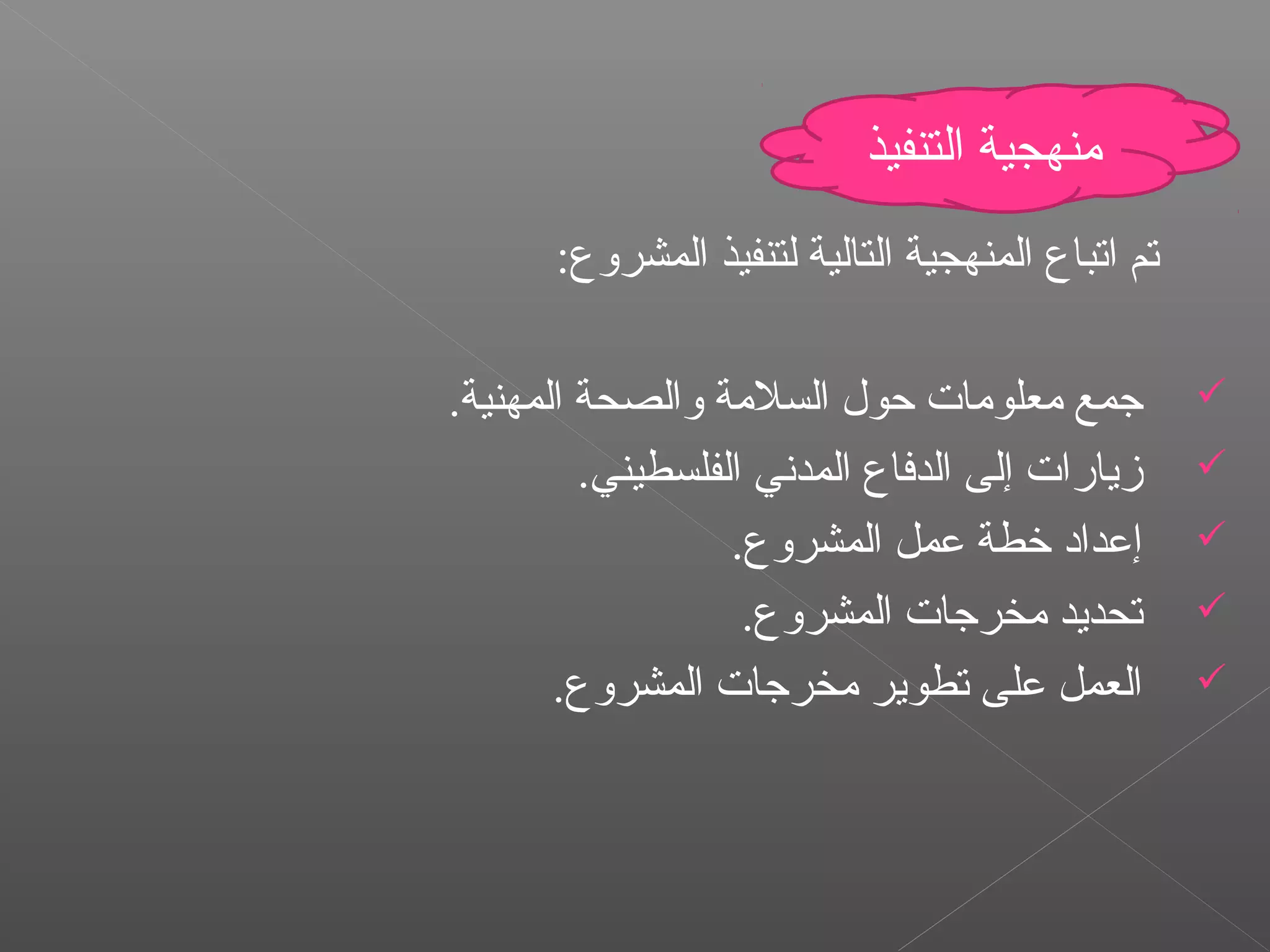 :‫المشروع‬ ‫لتنفيذ‬ ‫التالية‬ ‫المنهجية‬ ‫اتباع‬ ‫تم‬
.‫المهنية‬ ‫والصحة‬ ‫السلمة‬ ‫حول‬ ‫معلوما ت‬ ‫جمع‬
.‫الفلسطيني‬ ‫المدني‬ ‫الدفاع‬ ‫إلى‬ ‫زيارا ت‬
.‫المشروع‬ ‫عمل‬ ‫خطة‬ ‫إعداد‬
.‫المشروع‬ ‫مخرجا ت‬ ‫تحديد‬
.‫المشروع‬ ‫مخرجا ت‬ ‫تطوير‬ ‫على‬ ‫العمل‬
‫التنفيذ‬ ‫منهجية‬
 