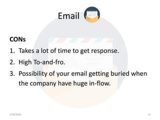 Email
CONs
1. Takes a lot of time to get response.
2. High To-and-fro.
3. Possibility of your email getting buried when
the company have huge in-flow.
3/30/2016 14
 
