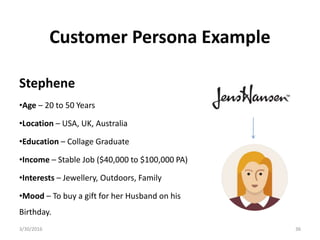 Customer Persona Example
Stephene
•Age – 20 to 50 Years
•Location – USA, UK, Australia
•Education – Collage Graduate
•Income – Stable Job ($40,000 to $100,000 PA)
•Interests – Jewellery, Outdoors, Family
•Mood – To buy a gift for her Husband on his
Birthday.
3/30/2016 36
 