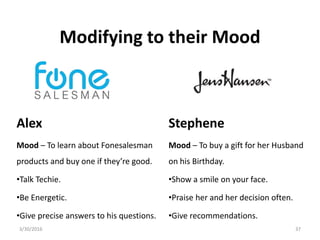 Modifying to their Mood
Alex
Mood – To learn about Fonesalesman
products and buy one if they’re good.
•Talk Techie.
•Be Energetic.
•Give precise answers to his questions.
Stephene
Mood – To buy a gift for her Husband
on his Birthday.
•Show a smile on your face.
•Praise her and her decision often.
•Give recommendations.
3/30/2016 37
 