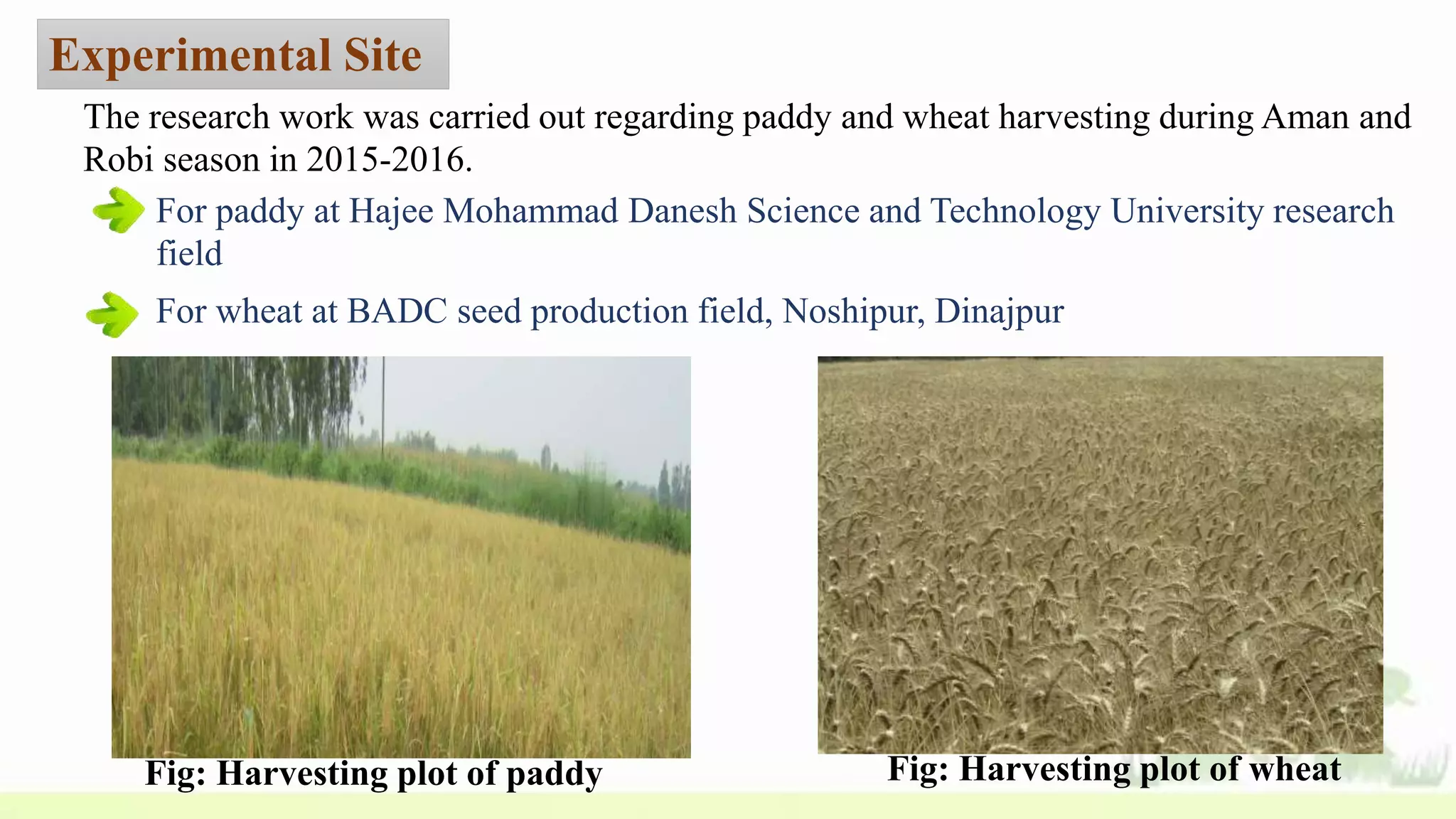 Experimental Site
The research work was carried out regarding paddy and wheat harvesting during Aman and
Robi season in 2015-2016.
For wheat at BADC seed production field, Noshipur, Dinajpur
For paddy at Hajee Mohammad Danesh Science and Technology University research
field
Fig: Harvesting plot of paddy Fig: Harvesting plot of wheat
 