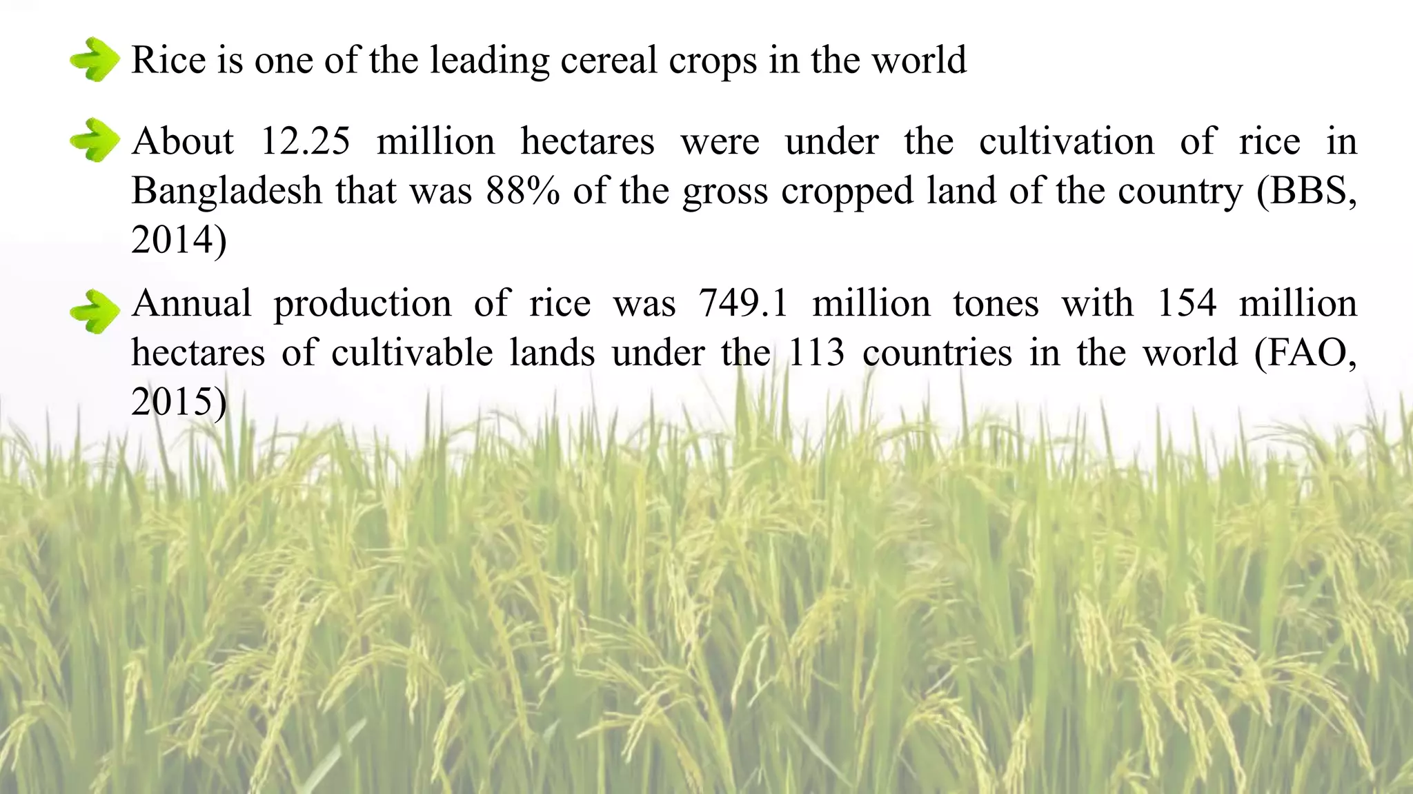 Rice is one of the leading cereal crops in the world
About 12.25 million hectares were under the cultivation of rice in
Bangladesh that was 88% of the gross cropped land of the country (BBS,
2014)
Annual production of rice was 749.1 million tones with 154 million
hectares of cultivable lands under the 113 countries in the world (FAO,
2015)
 