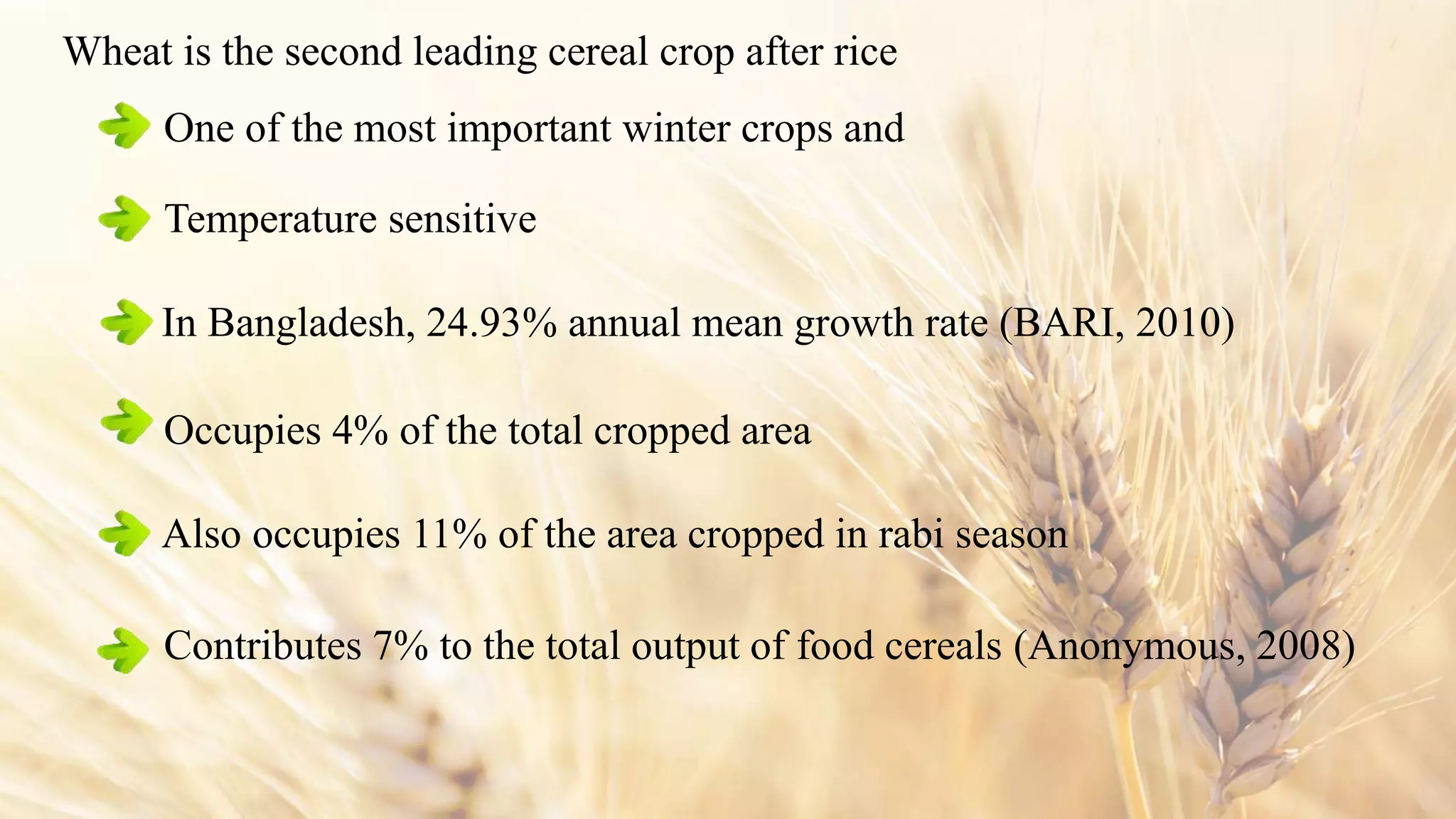 Wheat is the second leading cereal crop after rice
Temperature sensitive
One of the most important winter crops and
Occupies 4% of the total cropped area
Also occupies 11% of the area cropped in rabi season
Contributes 7% to the total output of food cereals (Anonymous, 2008)
In Bangladesh, 24.93% annual mean growth rate (BARI, 2010)
 