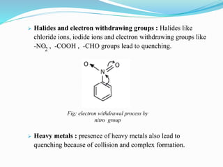  Halides and electron withdrawing groups : Halides like
chloride ions, iodide ions and electron withdrawing groups like
-NO , -COOH , -CHO groups lead to quenching.
 Heavy metals : presence of heavy metals also lead to
quenching because of collision and complex formation.
2
Fig: electron withdrawal process by
nitro group
 