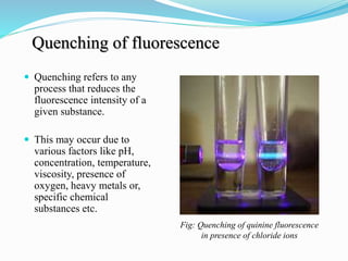 Quenching of fluorescence
 Quenching refers to any
process that reduces the
fluorescence intensity of a
given substance.
 This may occur due to
various factors like pH,
concentration, temperature,
viscosity, presence of
oxygen, heavy metals or,
specific chemical
substances etc.
Fig: Quenching of quinine fluorescence
in presence of chloride ions
 