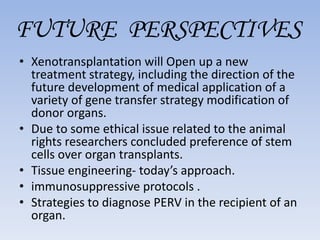 FUTURE PERSPECTIVES
• Xenotransplantation will Open up a new
treatment strategy, including the direction of the
future development of medical application of a
variety of gene transfer strategy modification of
donor organs.
• Due to some ethical issue related to the animal
rights researchers concluded preference of stem
cells over organ transplants.
• Tissue engineering- today’s approach.
• immunosuppressive protocols .
• Strategies to diagnose PERV in the recipient of an
organ.
 