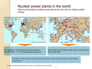 23
Nuclear power plants in the world
”Italy is surrouned by nuclear power plants but can’t rely on cheap nuclear
energy”
441 reactors in 29 countries with total capacity of
374,000 MWe – or 14% of global power production
Within 200 km from Italian border, there are 26 reactors
with 24,000 MWe
200 km
Source: International Nuclear Safety Center (INSC) - U.S. Department of Energy (DOE)
Nuclear is safe: power plants have reached 14,000 reactor years of operating
experience
 