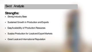 Swot Analysis
Strengths:
 Strong Industry Base
 Sustained Growth in Production andExports
 EasyAvailability of Production Resources
 Surplus Production for Localand ExportMarkets
 Good Localand International Reputation
 