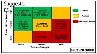 Suggestio
ns F & P (Ghee)
GH (Spices)
F & P (Edible Oil)
GH(Atta)
TT (Biscuit)
TT (Sauce)
F & P (Tea)
TT (Snacks)
TT (Baked Food)
F & P (Coffee)
CAREMATE
(Home Care)
TT (Pickle)
KOSH (Atta)
TT (Papad)
TT (Noodles)
SK (Spices)
KARMIQ (Edible Oil)
BAKERSTREET
(Baked Food)
LowMediumHigh
Business Strength
IndustryAttractiveness
Invest
Protect
Harvest/Divest
WeakStrong Average
GE 9 Cell Matrix
 