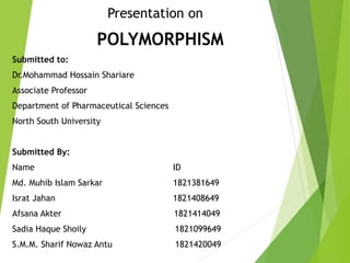 Presentation on
POLYMORPHISM
Submitted to:
Dr.Mohammad Hossain Shariare
Associate Professor
Department of Pharmaceutical Sciences
North South University
Submitted By:
Name ID
Md. Muhib Islam Sarkar 1821381649
Israt Jahan 1821408649
Afsana Akter 1821414049
Sadia Haque Shoily 1821099649
S.M.M. Sharif Nowaz Antu 1821420049
 