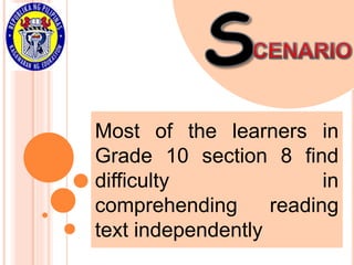Most of the learners in
Grade 10 section 8 find
difficulty in
comprehending reading
text independently
 