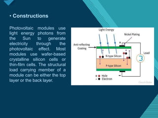 Click to edit Master titlestyle
9
• Constructions
Photovoltaic modules use
from
light
the
energy photons
Sun to generate
electricity
photovoltaic
through
effect.
the
Most
modules use wafer-based
crystalline silicon cells or
thin-film cells. The structural
load carrying member of a
module can be either the top
layer or the back layer.
 