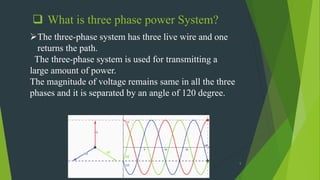 ❑ What is three phase power System?
➢The three-phase system has three live wire and one
returns the path.
The three-phase system is used for transmitting a
large amount of power.
The magnitude of voltage remains same in all the three
phases and it is separated by an angle of 120 degree.
5
 