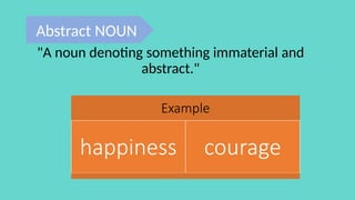 Example
happiness courage
"A noun denoting something immaterial and
abstract."
Abstract NOUN
 