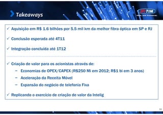Takeaways

Aquisição em R$ 1.6 bilhões por 5.5 mil km da melhor fibra óptica em SP e RJ
                16              55

Conclusão esperada até 4T11

Integração concluída até 1T12


Criação de valor para os acionistas através de:
  − Economias de OPEX/CAPEX (R$250 Mi em 2012; R$1 bi em 3 anos)
  − Aceleração da Receita Móvel
  − Expansão do negócio de telefonia Fixa

Replicando o exercício de criação de valor da Intelig


                                                                               10
 