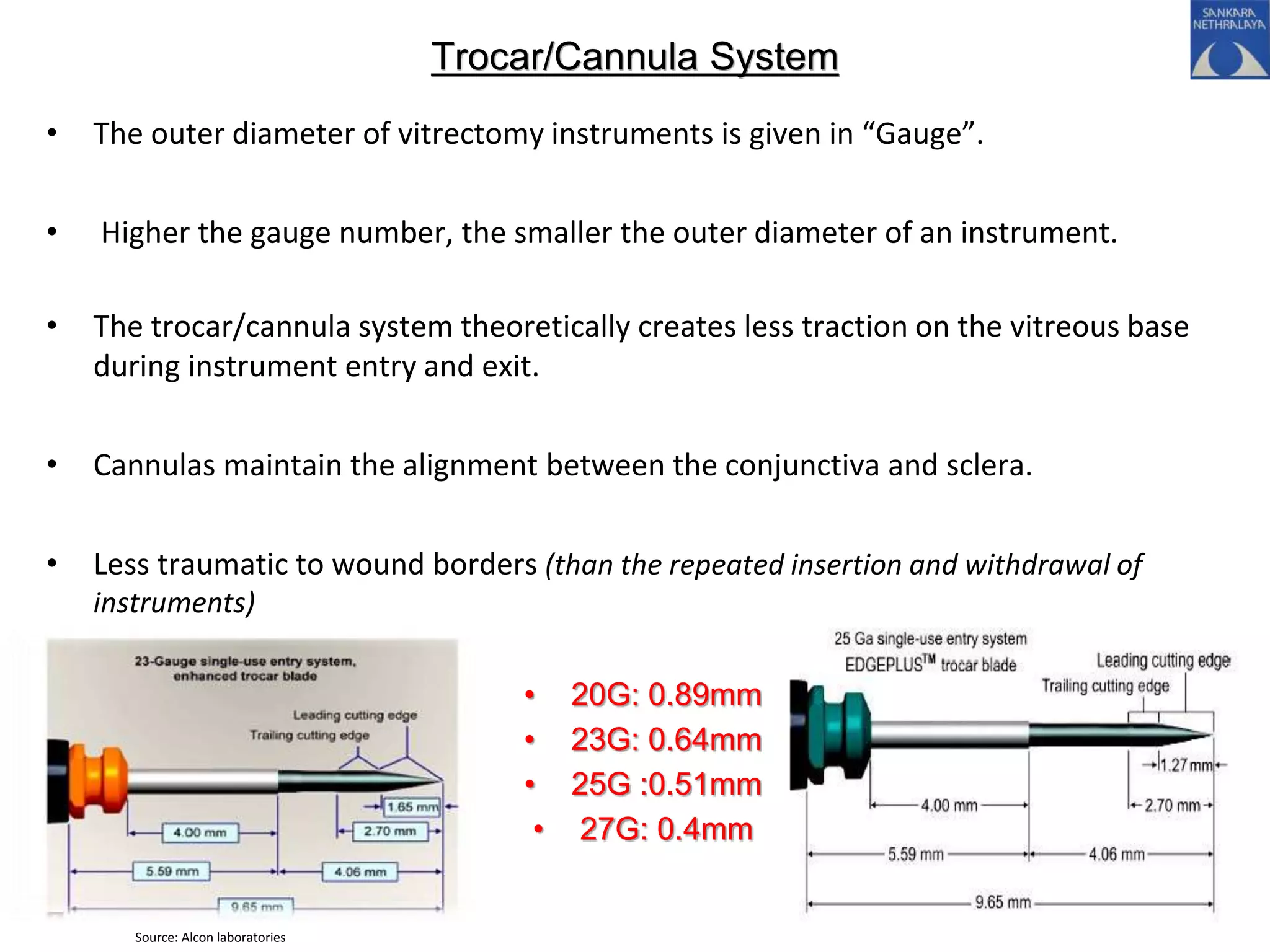 Trocar/Cannula System
• The outer diameter of vitrectomy instruments is given in “Gauge”.
• Higher the gauge number, the smaller the outer diameter of an instrument.
• The trocar/cannula system theoretically creates less traction on the vitreous base
during instrument entry and exit.
• Cannulas maintain the alignment between the conjunctiva and sclera.
• Less traumatic to wound borders (than the repeated insertion and withdrawal of
instruments)
• 20G: 0.89mm
• 23G: 0.64mm
• 25G :0.51mm
• 27G: 0.4mm
Source: Alcon laboratories
 