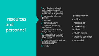 resources
and
personnel
adoble photo shop to
edit my photos and
magazine together and
make it look appealing
- camera to take my
photos
- sd card
- camera battery
- tripod to stand my
camera on
- computer to edit my
magazine on
- pro create app to add
special effects onto my
front cover
- green screen to put my
actors in special
environment
- printer
photographer
- editor
- models x3
- marketing
advisor
- photo editor
- graphic designer
- journalist
 