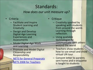 Standards: How does our unit measure up? Criteria Facilitate and Inspire Student Learning and Creativity Design and Develop Digital-Age Learning Experiences and Assessments  Model Digital-Age Work and Learning  Promote and Model Digital Citizenship and Responsibility  NETS for General Preparation Teachers NETS 2008 for Teachers Critique Creativity sparked by speaking with students from around the world. Learning through reflection. Using available technologies to communicate with others around the world Teachers show students how to use email and show virtual UN tour Consent letter to parents sent home and e-etiquette is taught to students 