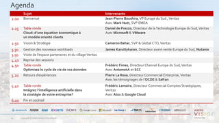Copyright © 2018 Veritas Technologies.14
Sujet Intervenants
2.00 Bienvenue Jean-Pierre Boushira, VP Europe du Sud ,Veritas
Avec Mark Nutt, SVP EMEA
2.25 Table ronde
Cloud: d’une équation économique à
un modèle orienté clients
Daniel de Prezzo, Directeur de laTechnologie Europe du Sud,Veritas
Avec Microsoft & VMware
2.50 Vision & Stratégie Cameron Bahar, SVP & Global CTO,Veritas
3.30 Gestion des nouveaux workloads James Karuttykaran, Directeur avant-vente Europe du Sud, Nutanix
3.50 Visite de l’espace partenaires et du village Veritas
4.40 Reprise des sessions
4.50 Table ronde
Optimisez le cycle de vie de vos données
Frédéric Fimes, Directeur Channel Europe du Sud,Veritas
Avec AntemetA et SCC
5.20 Retours d’expériences Pierre La Rosa, Directeur Commercial Enterprise, Veritas
Avec les témoignages de l’OCDE & Safran
5.40 Table ronde
Intégrez l’intelligence artificielle dans
la stratégie de votre entreprise?
Frédéric Lemaire, Directeur Commercial Comptes Stratégiques,
Veritas
Avec Atos & Google Cloud
6.00 Fin et cocktail
Agenda
 