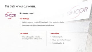 The solution
• Veritas resiliency platform and veritas
services to provide new resiliency service.
The challenge
• Regulatory requirement to maintain DR capability with < 1 hour recovery time objective.
• 10’s of complex, multi-platform it applications to monitor & migrate.
Accelerate cloud.
The truth for our customers.
The outcome
• Reduced complexity.
• Minutes rather than hours for recovery.
• Predictability to their SL.
 