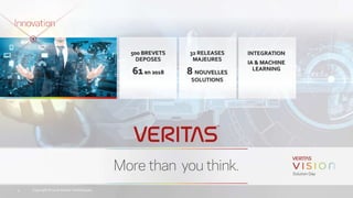 Copyright © 2018 Veritas Technologies.4
500 BREVETS
DEPOSES
61en 2018
32 RELEASES
MAJEURES
8 NOUVELLES
SOLUTIONS
INTEGRATION
IA & MACHINE
LEARNING
 