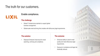 The outcome
• Enhanced ability to search email
quickly and meet eDiscovery legal
requirements.
• Exposure to compliance and legal risk
drastically reduced.
The solution
• Deployed Enterprise Vault.cloud for email
searching, archiving and compliance.
The challenge
• Global IT infrastructure standard to support global
business management.
• Global-scale email archiving that complies with eDiscovery legal requirements.
Enable compliance.
The truth for our customers.
 