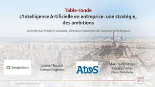 Table-ronde
L’Intelligence Artificielle en entreprise: une stratégie,
des ambitions
Copyright © 2018 Veritas Technologies.70
Marine Routeau
Strategic Sales
Cloud Solutions
LionelTouati
Partner Engineer
Animée par Frédéric Lemaire, Directeur Commercial Comptes Stratégiques
 