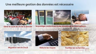 Copyright © 2018 Veritas Technologies.73
Une meilleure gestion des données est nécessaire
73
Gérer le cycle de vie de la donnée Se protéger contre la perte de données et les interruptions
Réduire les risques Faciliter les recherchesMigration vers le Cloud
 