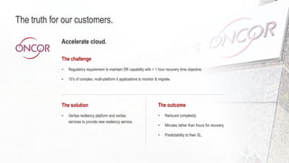 The solution
• Veritas resiliency platform and veritas
services to provide new resiliency service.
The challenge
• Regulat...