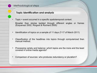 Methodological steps Topic identification and analysis <ul><ul><li>Topic = event occurred in a specific spatiotemporal con...