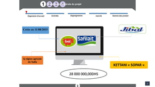 3
1 2 3 4Présentation générale du projet
Organisme d’accueil marchéActivités Organigramme Gamme des produit
3
la région agricole
de Tadla
KETTANI « SOPAR »
Créée en 11/08/2015
28 000 000,00DHS
 