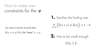 How to make one:
constraints for the
!" #""$ % &"'()* + #,'ℎ (ℎ%(
+
2. Has to be small enough
1. Satisfies the fooling rate
 