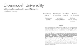 Cross-model Universality
Intriguing Properties of Neural Networks
C. Szegedy et al. ICLR, 2014.
 