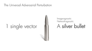The Universal Adversarial Perturbation
A silver bullet1 single vector
Image-agnostic
Network-agnostic
 