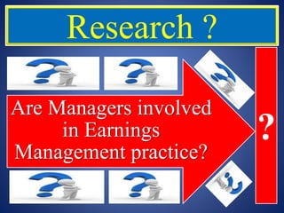 Research ?
Are Managers involved
in Earnings
Management practice?
?
 