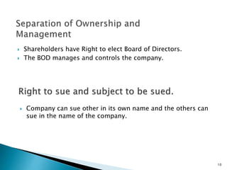 10
 Shareholders have Right to elect Board of Directors.
 The BOD manages and controls the company.
 Company can sue other in its own name and the others can
sue in the name of the company.
 