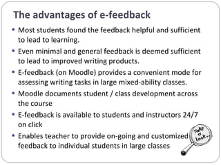 The advantages of e-feedback  Most students found the feedback helpful and sufficient to lead to learning. Even minimal and general feedback is deemed sufficient to lead to improved writing products. E-feedback (on Moodle) provides a convenient mode for assessing writing tasks in large mixed-ability classes. Moodle documents student / class development across the course E-feedback is available to students and instructors 24/7 on click  Enables teacher to provide on-going and customized feedback to individual students in large classes 