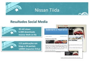 Nissan	
  Tiida	
  
Resultados	
  Social	
  Media	
  
35	
  mil	
  views	
  
6.000	
  downloads	
  
música	
  Walk	
  on	
  By	
  
113	
  publicações	
  em	
  
blogs	
  e	
  24	
  portais	
  
12MM	
  impactos	
  Orkut	
  
 