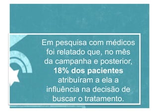 Em pesquisa com médicos
foi relatado que, no mês
da campanha e posterior,
18% dos pacientes
atribuíram a ela a
influência na decisão de
buscar o tratamento.
 