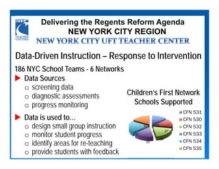Delivering the Regents Reform Agenda
                NEW YORK CITY REGION


Data-Driven Instruction – Response to Intervention
186 NYC School Teams - 6 Networks
   Data Sources
   o screening data
   o diagnostic assessments         Children’s First Network
   o progress monitoring              Schools Supported
                Troy teachers collaborate and          CFN 531
   Data is used to…                                    CFN 530
   o design small group high school
                plan at instruction      31  25
                                                       CFN 532
                                                      27
   o monitor student progress          37
                                                 36
                                                           CFN 533
                                                           CFN 534
   o identify areas for re-teaching         30

                                                           CFN 535
   o provide students with feedback
 