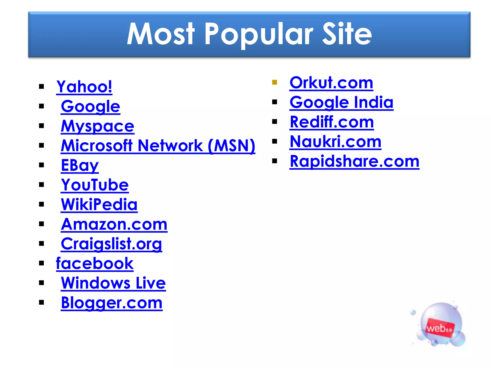 Most Popular Site
   Yahoo!                        Orkut.com
    Google                       Google India
    Myspace                      Rediff.com
    Microsoft Network (MSN)      Naukri.com
    EBay                         Rapidshare.com
    YouTube
    WikiPedia
    Amazon.com
    Craigslist.org
   facebook
    Windows Live
    Blogger.com
 
