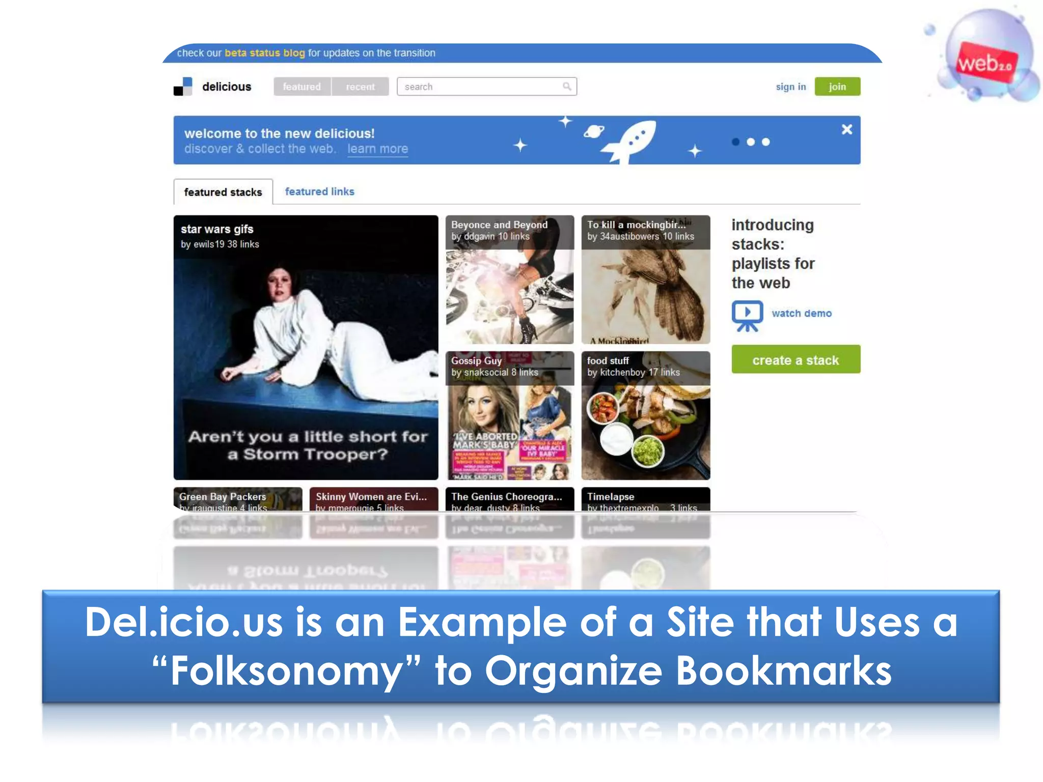 Del.icio.us is an Example of a Site that Uses a
   “Folksonomy” to Organize Bookmarks
 
